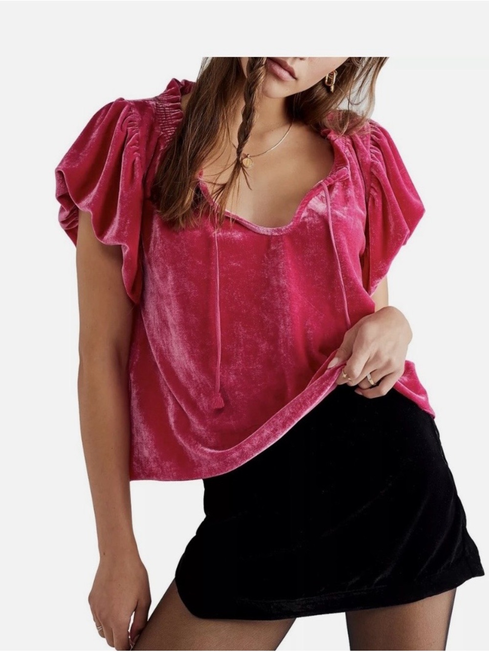 Free People Velvet Puff-Sleeve Top in Hot Pink